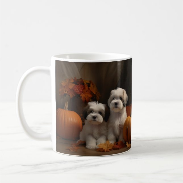 Malti tzu Puppy Autumn Delight Pumpkin Coffee Mug (Left)