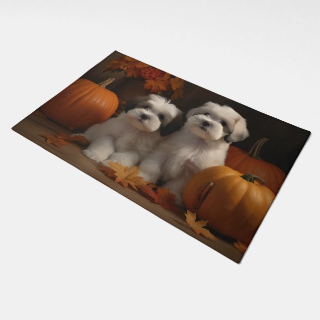Malti tzu Puppy Autumn Delight Pumpkin Doormat (Angled)