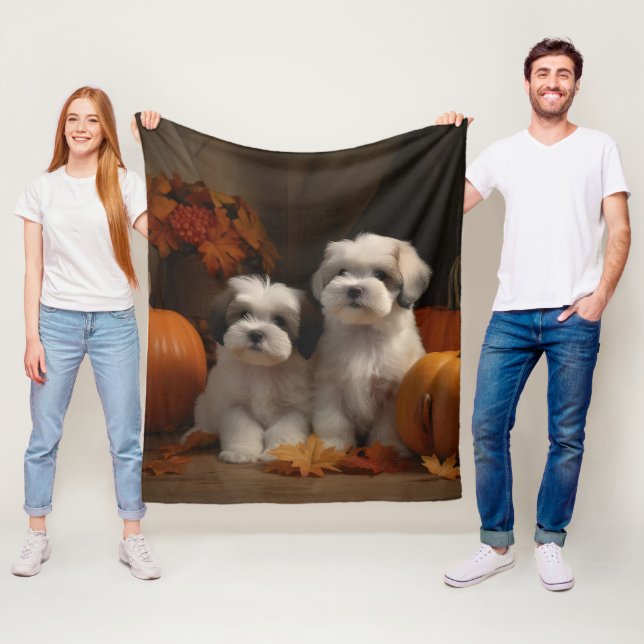 Malti tzu Puppy Autumn Delight Pumpkin Fleece Blanket (In Situ)