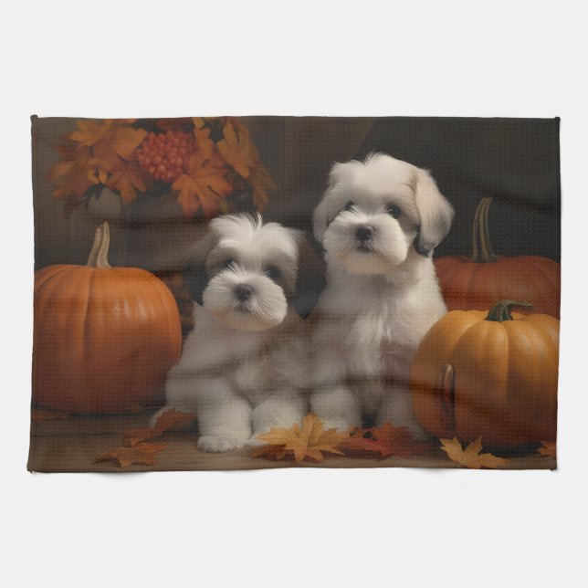 Malti tzu Puppy Autumn Delight Pumpkin Kitchen Towel (Horizontal)