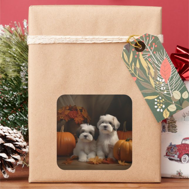 Malti tzu Puppy Autumn Delight Pumpkin Square Sticker (Holiday)