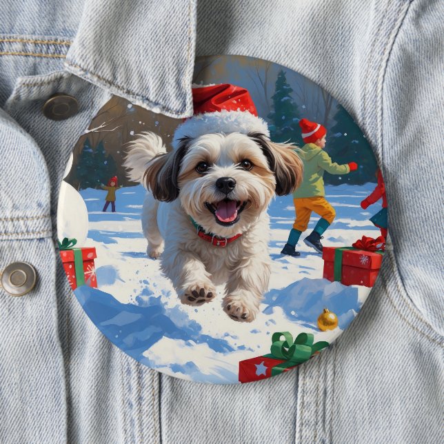 Malti Tzu Running in Snow with Christmas Hat Button (In Situ)