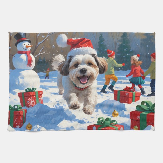 Malti Tzu Running in Snow with Christmas Hat Kitchen Towel (Horizontal)