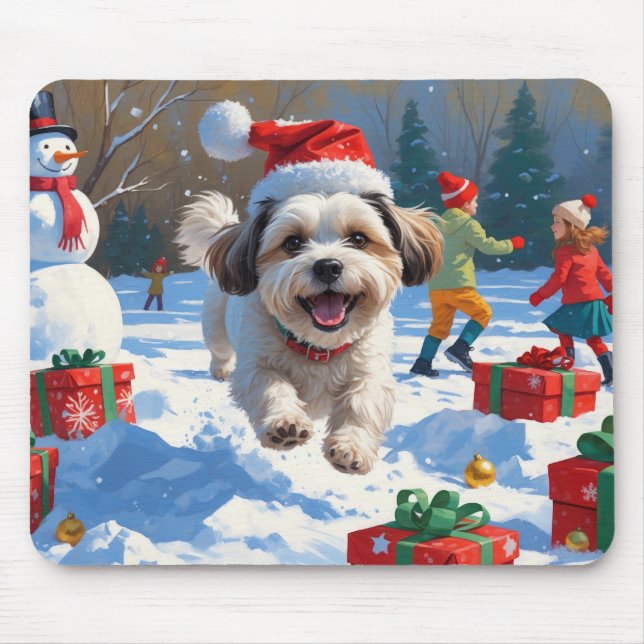 Malti Tzu Running in Snow with Christmas Hat Mouse Pad (Front)