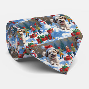 Malti Tzu Running in Snow with Christmas Hat Neck Tie