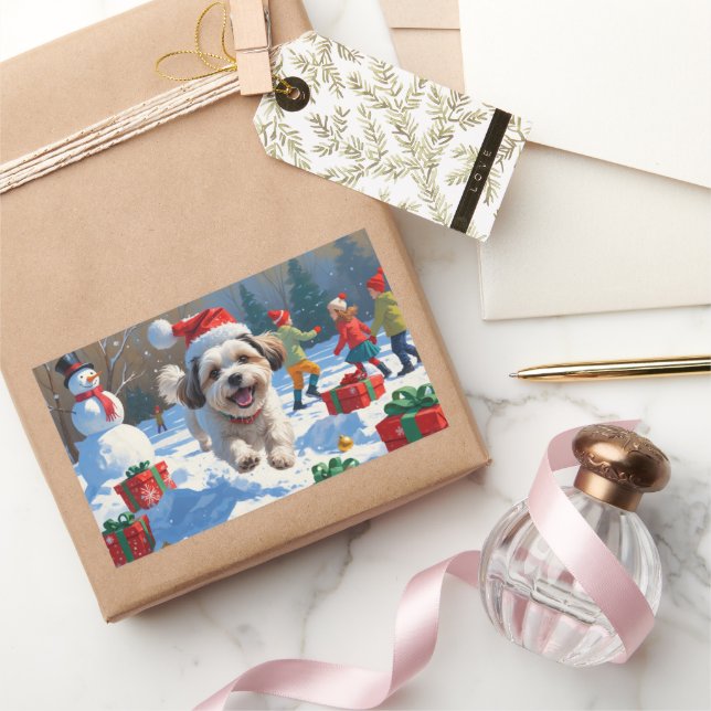 Malti Tzu Running in Snow with Christmas Hat Rectangular Sticker (Gifting)