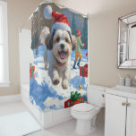 Malti Tzu Running in Snow with Christmas Hat Shower Curtain