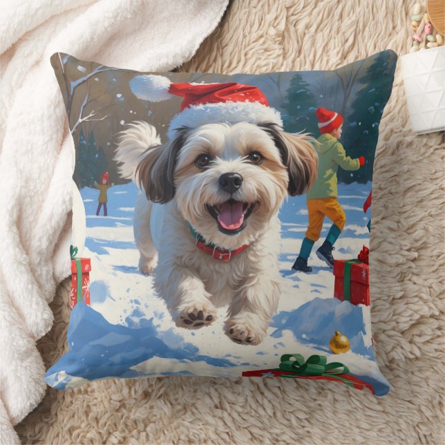 Malti Tzu Running in Snow with Christmas Hat Throw Pillow (Blanket)