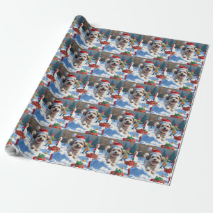 Malti Tzu Running in Snow with Christmas Hat Wrapping Paper