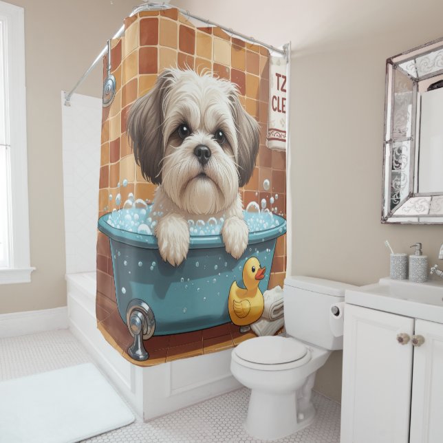 Malti Tzu Sloppy Sleepy Cute Funny Shower Curtain (In Situ)