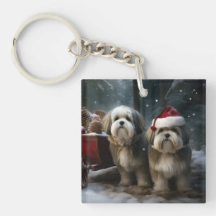 Malti tzu Snowy Sleigh Christmas Decor Keychain