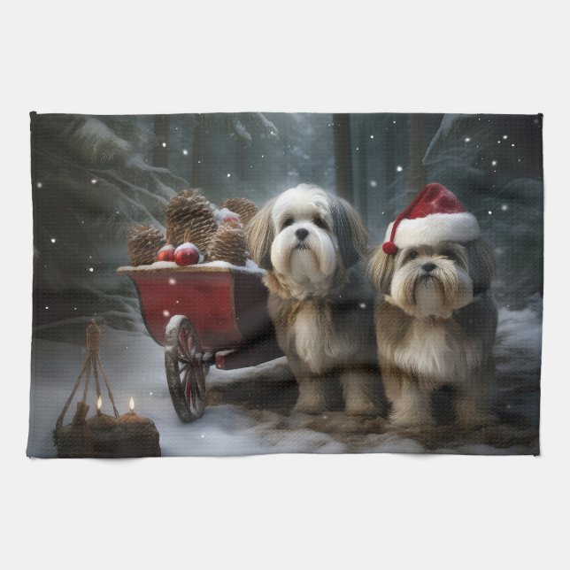 Malti tzu Snowy Sleigh Christmas Decor  Kitchen Towel (Horizontal)