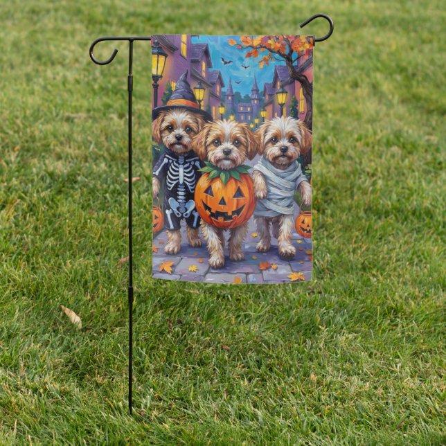 Malti Tzu Trick-or-Treating in Halloween Costumes Garden Flag (In SItu)