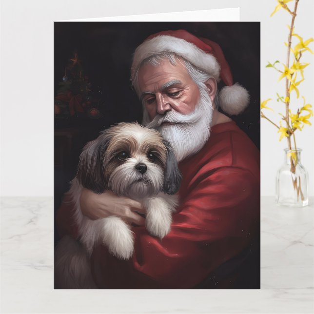 Malti Tzu With Santa Claus Festive Christmas Card (Yellow Flower)