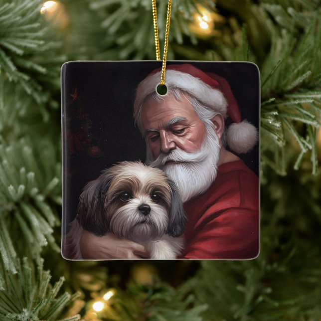 Malti Tzu With Santa Claus Festive Christmas Ceramic Ornament (Tree)