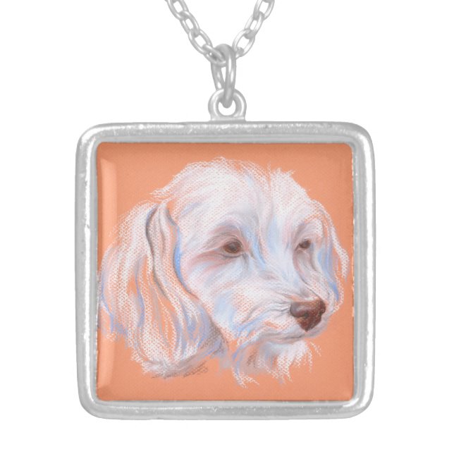 Maltipoo Dog Pastel Art Silver Plated Necklace (Front)