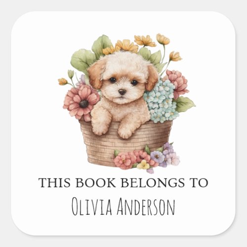 Maltipoo Puppy in Flower Basket This Book Belongs Square Sticker