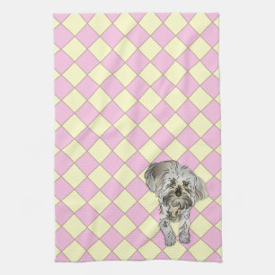 Maltipoo Puppy on Pink Checked Pattern Towel