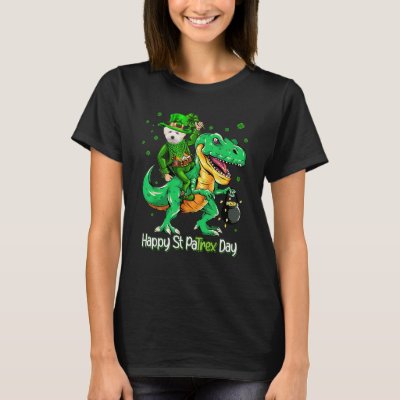 Maltipoo Riding Dinosaur Patricks Day Shamrock T-Shirt