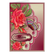 Mam with red roses and butterfly on cream and pink