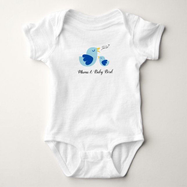 Mama and Baby Bird Singing, Cute Blue Feather Bird Baby Bodysuit (Front)
