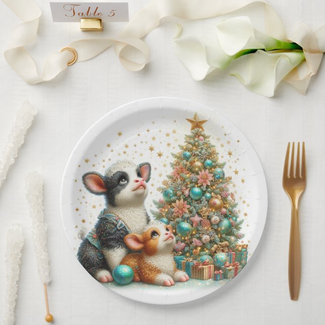 Mama and Baby Cow Pastel Christmas Paper Plates (Wedding)