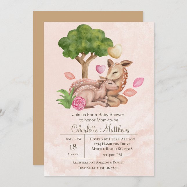 Mama and Baby Deer Forrest Animals Baby Shower  Invitation (Front/Back)