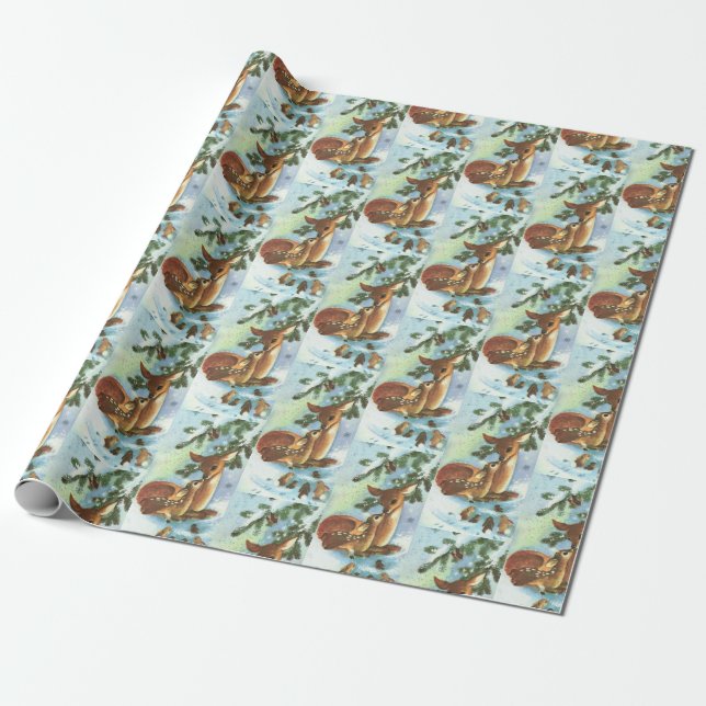 Mama and Baby Deer Pattern Retro Christmas Wrapping Paper (Unrolled)