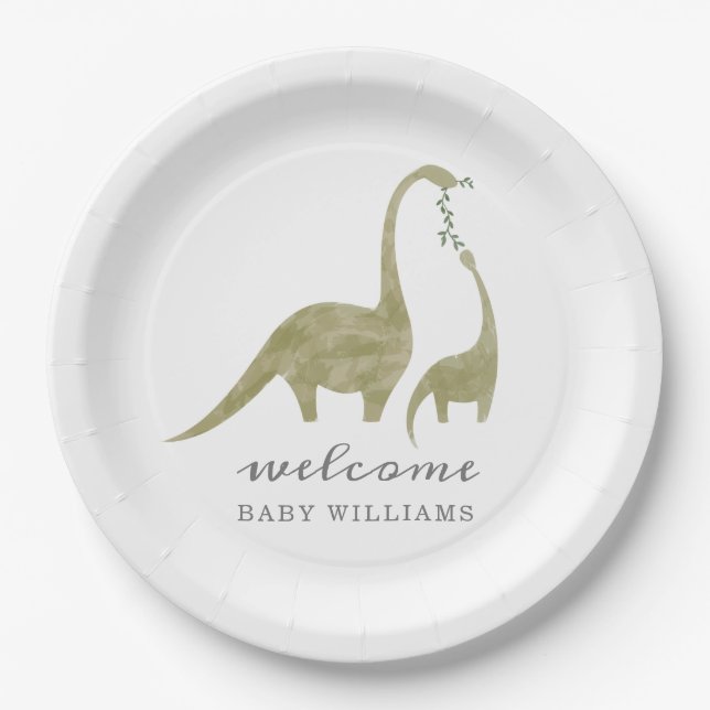 Mama and Baby Dinosaur Neutral Baby Shower Paper Plates (Front)