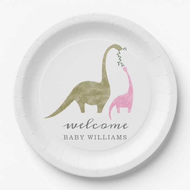 Mama and Baby Dinosaur Pink Baby Shower Paper Plates (Front)