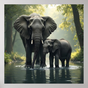 Mama and Baby Elephant in African-Rainforest Poster
