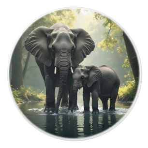 Mama and Baby Elephant in River Ceramic Knob