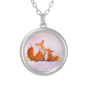 Mama and Baby Fox Watercolor Silver Plated Necklace