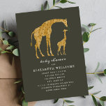 Mama and Baby Giraffe Dark Neutral Baby Shower Invitation<br><div class="desc">Illustration on front of mama giraffe feeding leaves to baby.  Background is dark grayish green.</div>