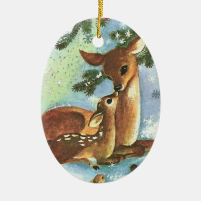 Mama and Baby Girl Deer Ceramic Christmas Ornament (Front)