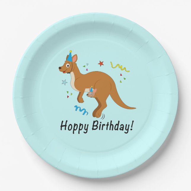 Mama and Baby Kangaroo in Birthday Hats Paper Plates (Front)