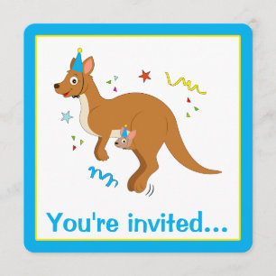 Mama and Baby Kangaroos with Birthday Hats Invitation