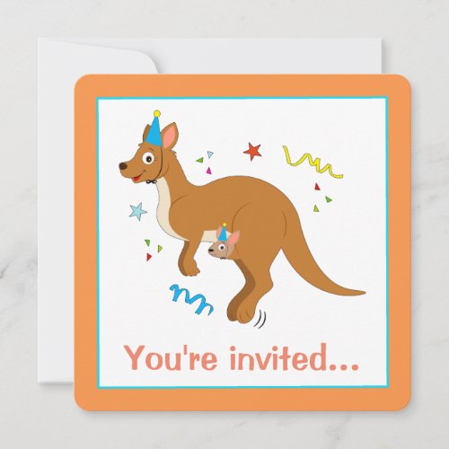 Mama and Baby Kangaroos with Birthday Hats Invitation