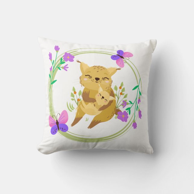 Mama and baby lynx/wildcat  throw pillow (Front)