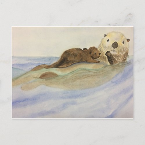 Mama and baby otters postcard