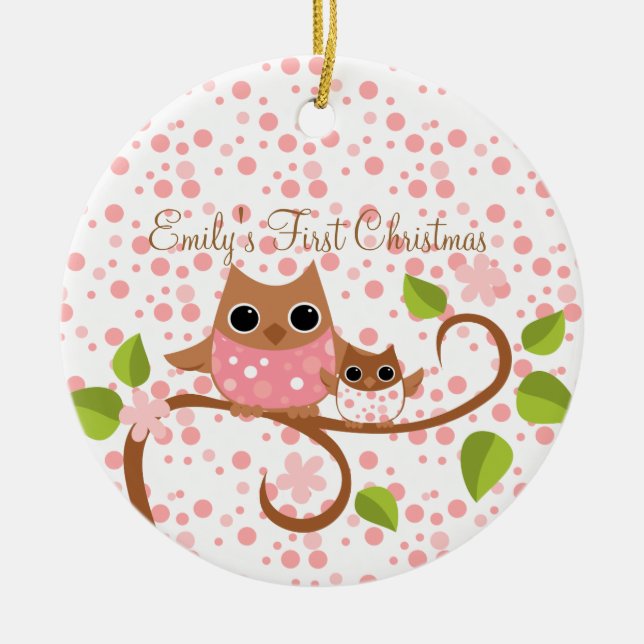 Mama and Baby Owl Ceramic Ornament (Front)