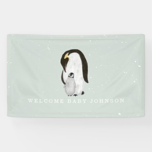 Mama and Baby Penguins Blue Boy Baby Shower Banner