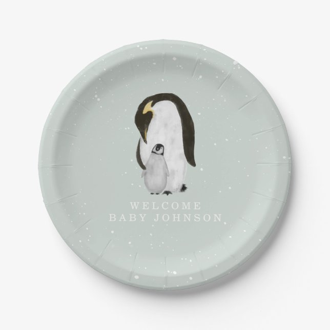Mama and Baby Penguins Blue Winter Baby Shower Paper Plates (Front)