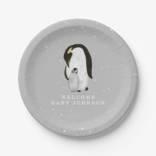 Mama and Baby Penguins Neutral Gray Baby Shower Paper Plates