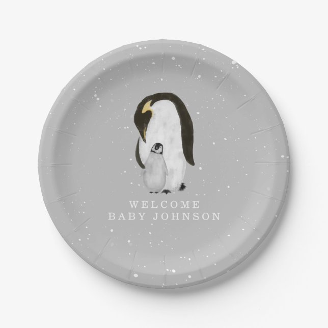 Mama and Baby Penguins Neutral Gray Baby Shower Paper Plates (Front)