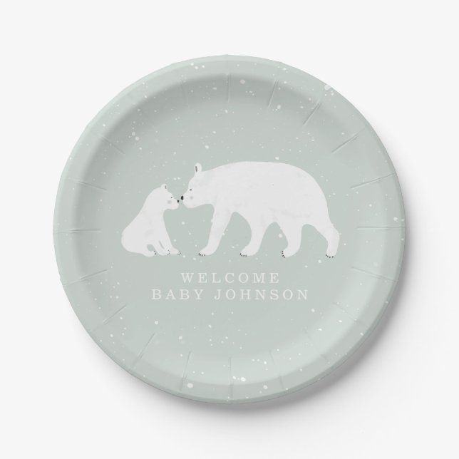 Mama and Baby Polar Bear Blue Winter Baby Shower Paper Plates (Front)