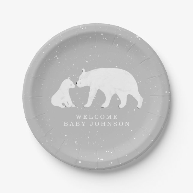 Mama and Baby Polar Bear Gray Winter Baby Shower Paper Plates (Front)