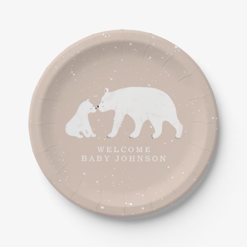 Mama and Baby Polar Bear Pink Winter Baby Shower Paper Plates