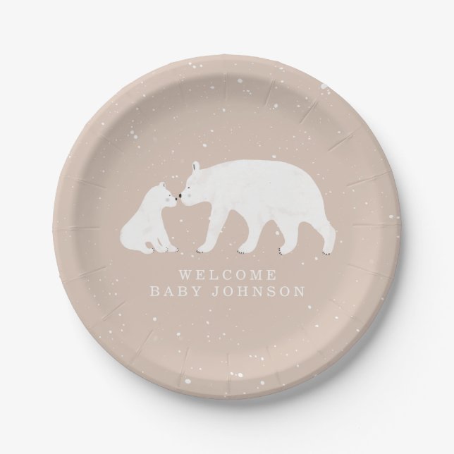 Mama and Baby Polar Bear Pink Winter Baby Shower Paper Plates (Front)