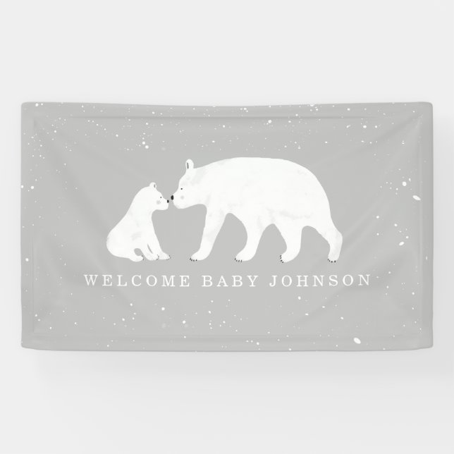 Mama and Baby Polar Bear Snow Gray Baby Shower Banner (Horizontal)
